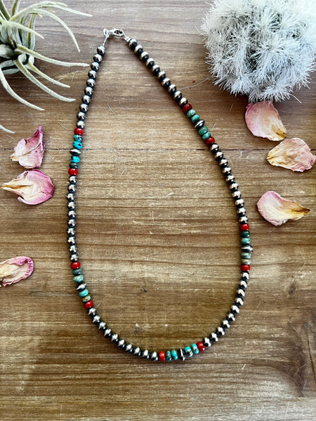 6mm Sterling Silver Navajo Pearls, Turquoise, and Coral Necklace-19in